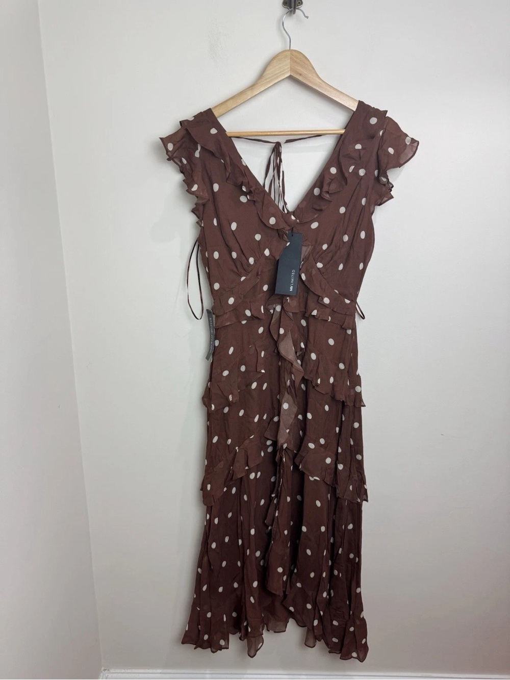 Mint Vevet Brown Polka Dot Ruffle Midi Dress with Tie-Back